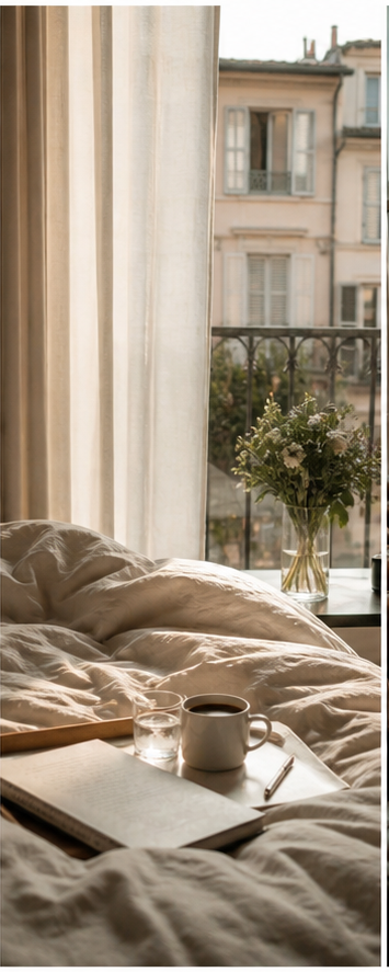 A quiet morning ritual in a sunlit apartment