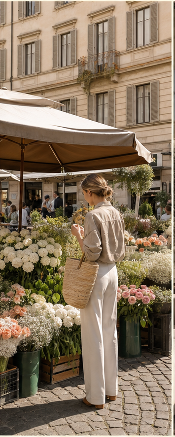 A woman browsing a European flower market