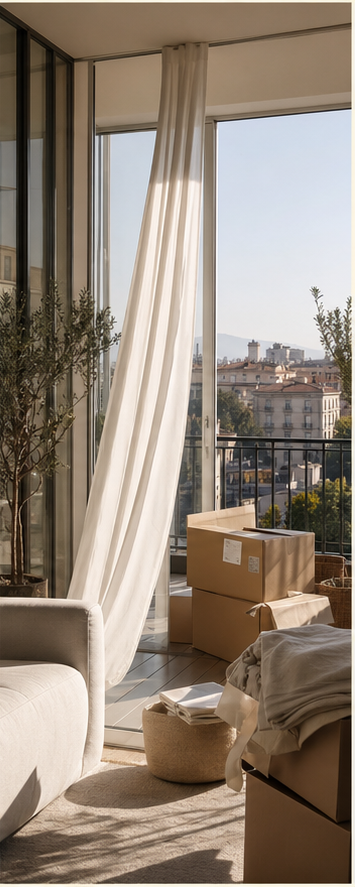 A woman unpacking in her first sunlit apartment