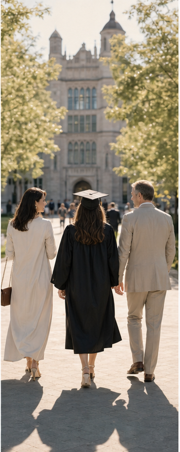 A university graduation celebration in a bright courtyard