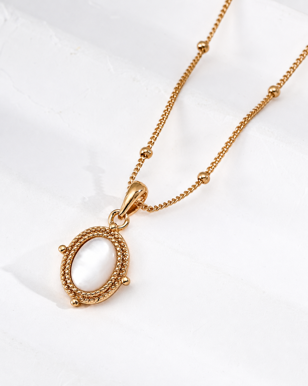 Palace Muse Oval Pendant Necklace — Vintage Gold Mother-of-Pearl — D0674-1 — full-frame v2