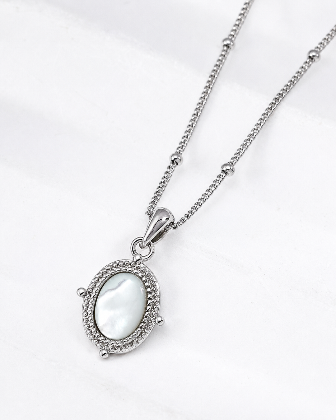 Palace Muse Oval Pendant Necklace — Silver Mother-of-Pearl — D0674-2 — full-frame v2