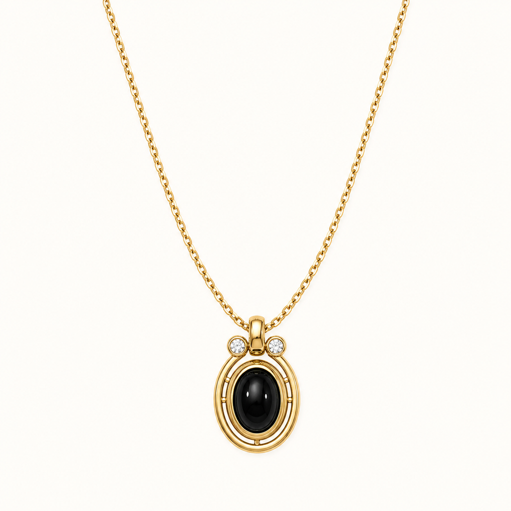 Fortune Stone Pendant Necklace — Vintage Gold — Black Agate — D0744-3
