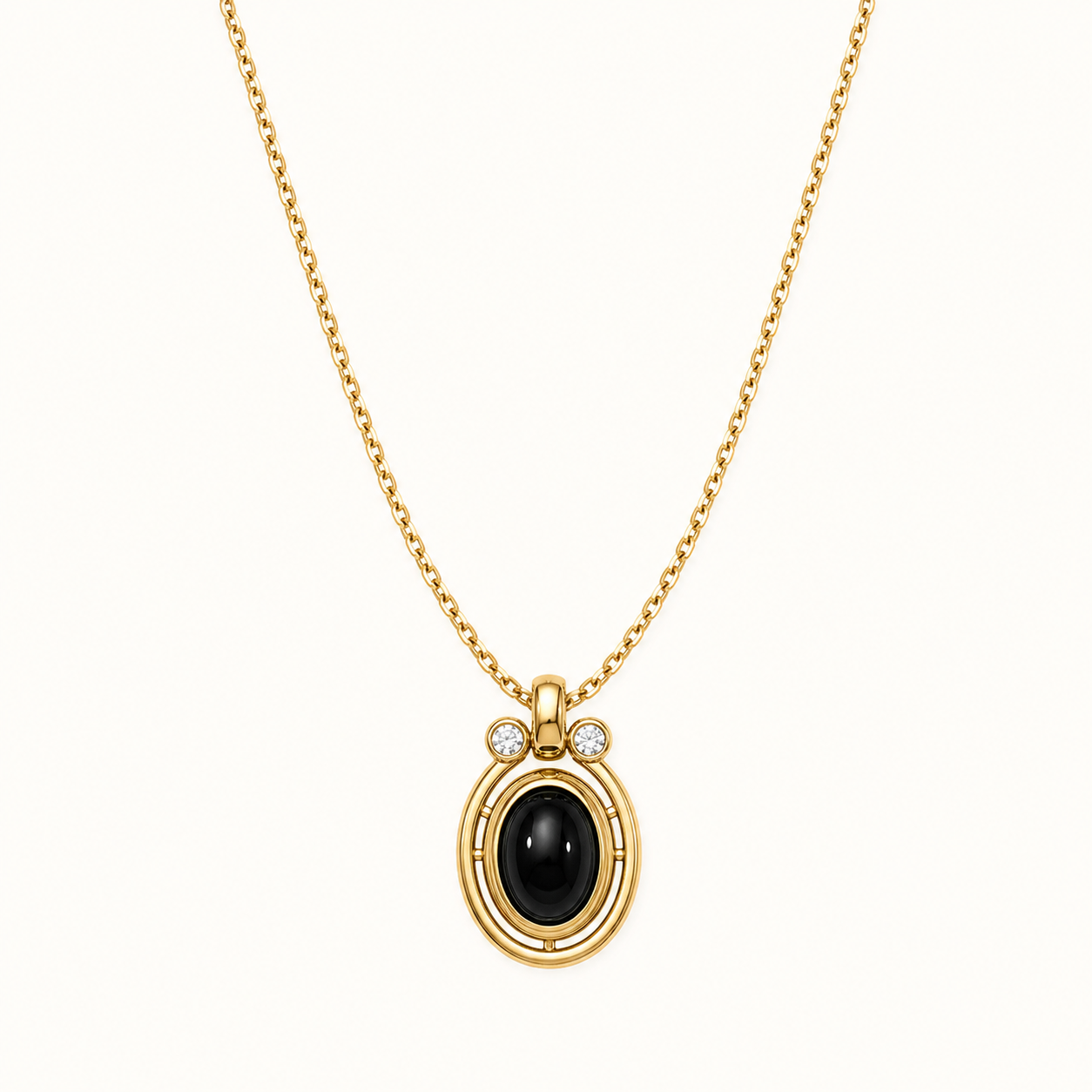 Fortune Stone Pendant Necklace — Vintage Gold — Black Agate — D0744-3