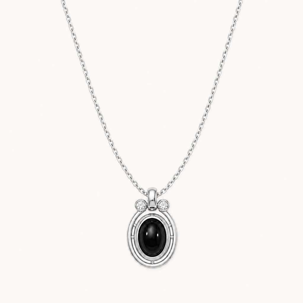 Fortune Stone Pendant Necklace — Silver — Black Agate — D0744-4
