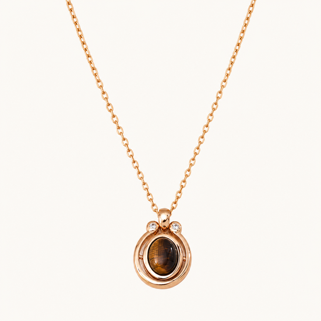 Fortune Stone Pendant Necklace — Vintage Gold — Tiger's Eye — D0744-5