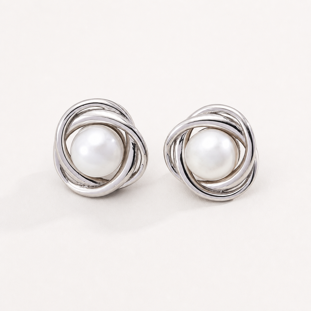 Lucky Knot Pearl Grace Stud Earrings — Silver — E01165-2