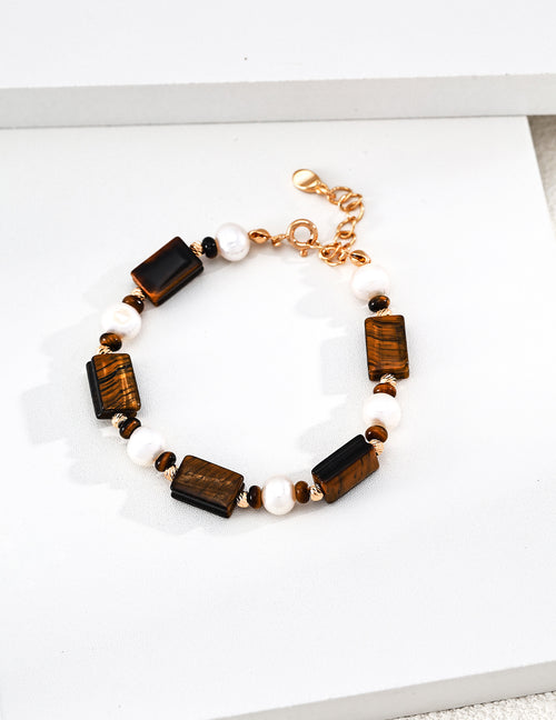 【Caramel】Old Money Style Tiger's Eye & Pearl Bracelet - image 2
