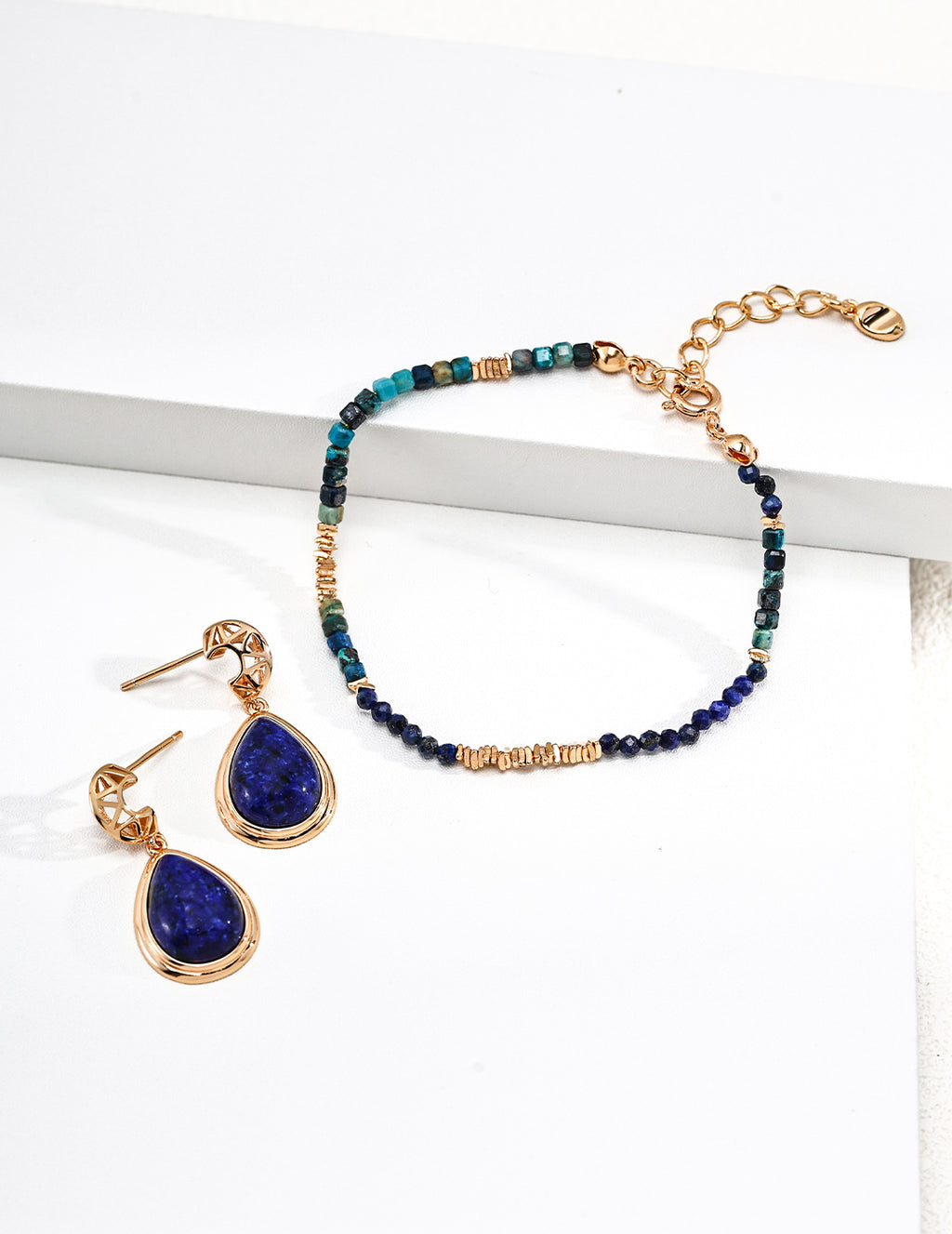 Vintage Gold Moonset Lapis & Amazonite Earrings - image 4