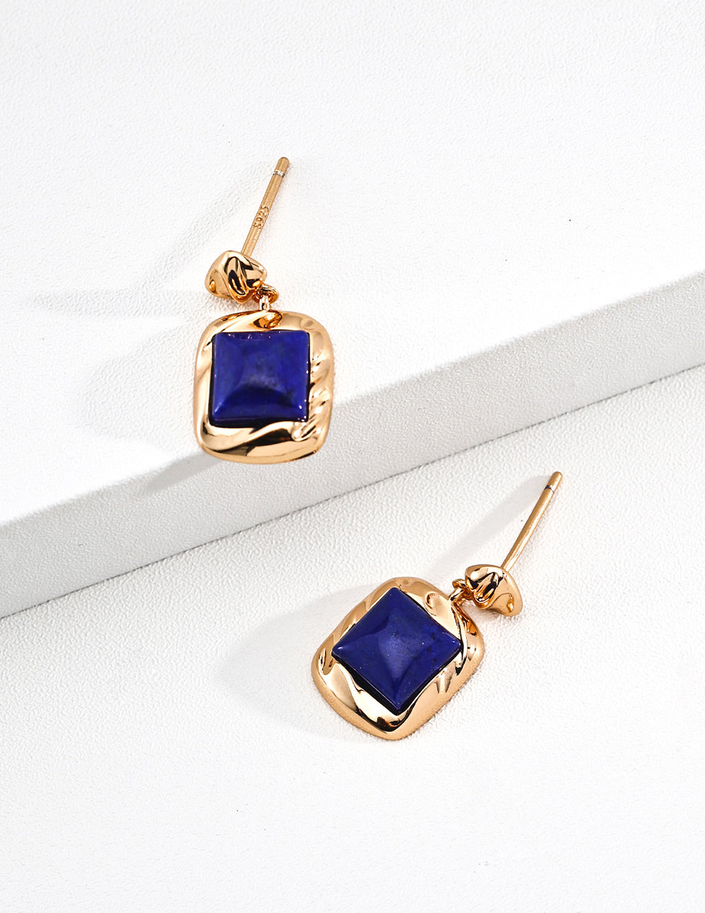 Vintage Gold Sugar Cube Lapis Lazuli Stud Earrings - image 2