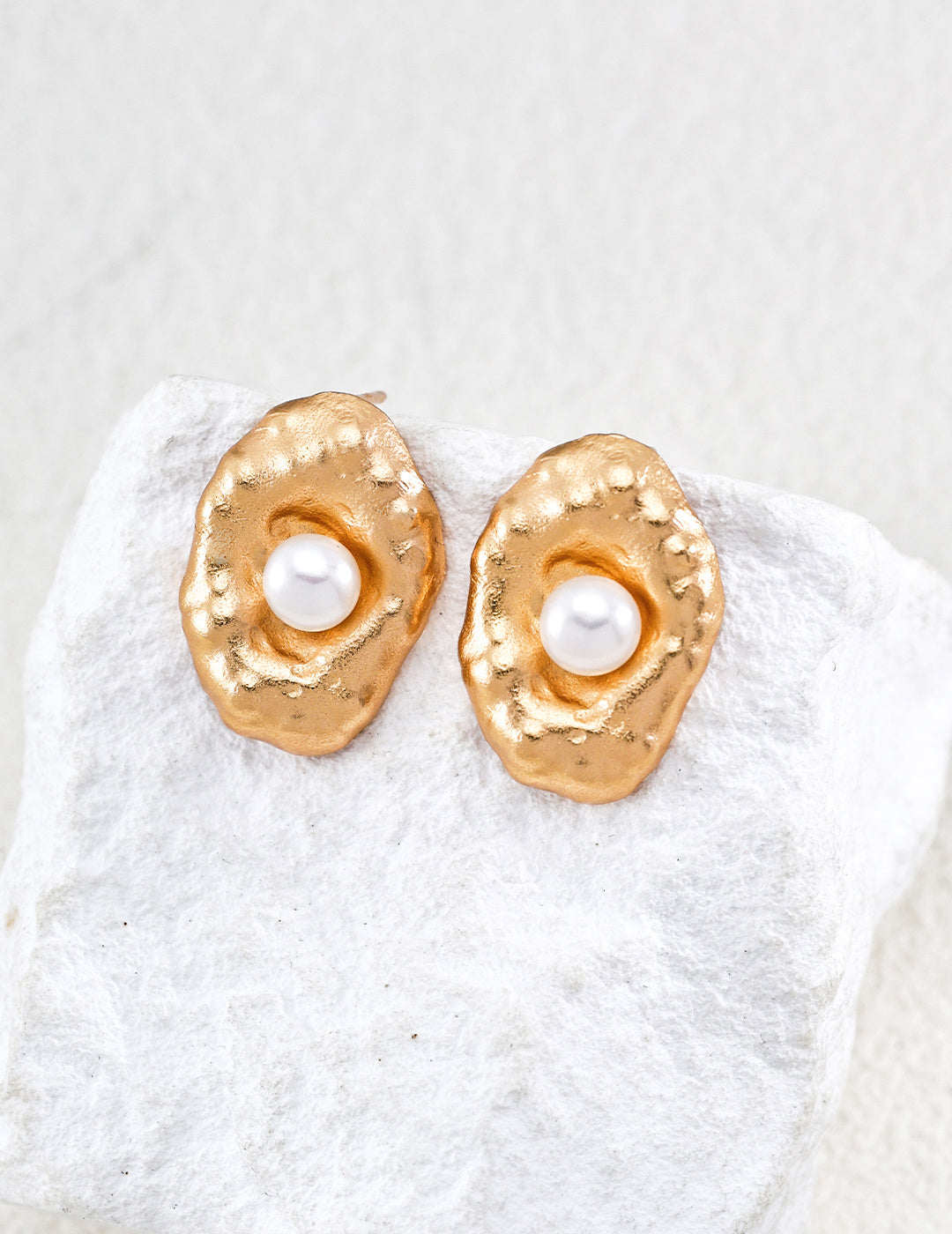 Vintage Gold Hand-Forged Pearl Stud Earrings