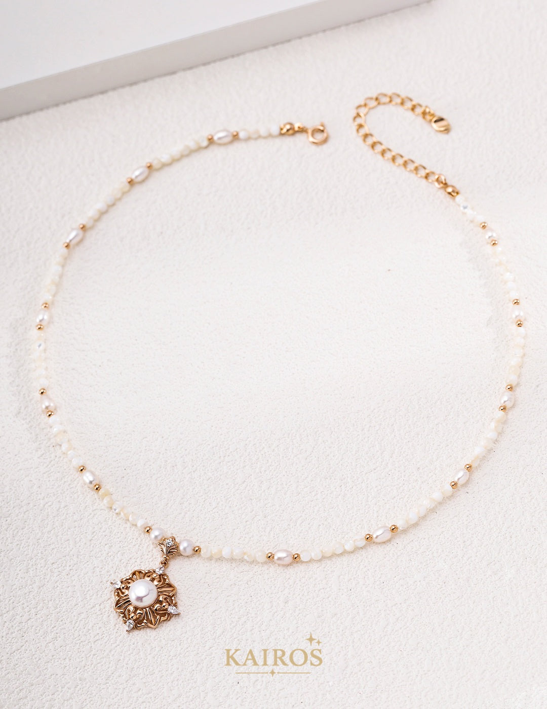 Kairos logo-only cover - Gothic Floral Mother-of-Pearl & Pearl Necklace
