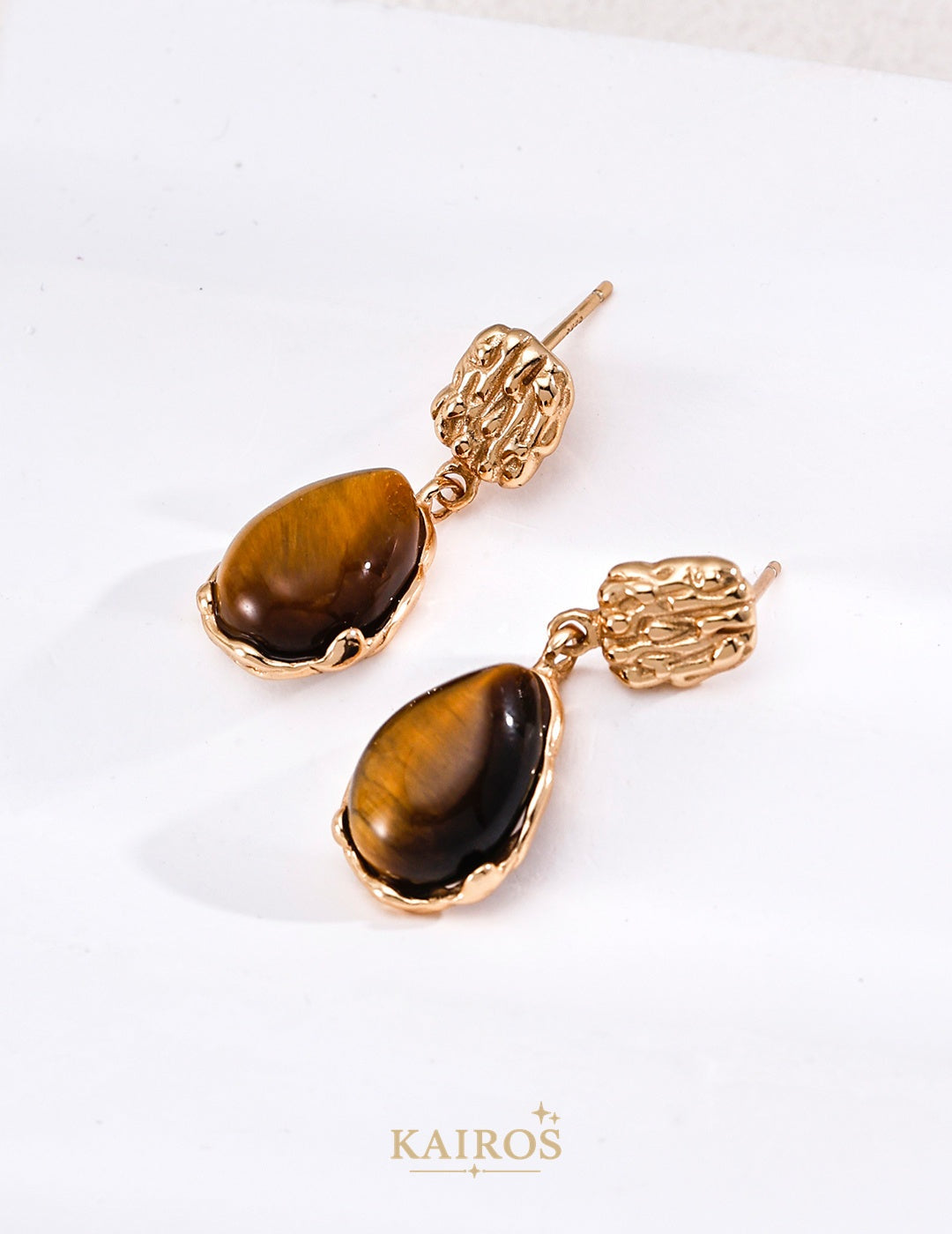 Kairos logo-only cover - Carved Tiger's Eye & Mother-of-Pearl Earrings