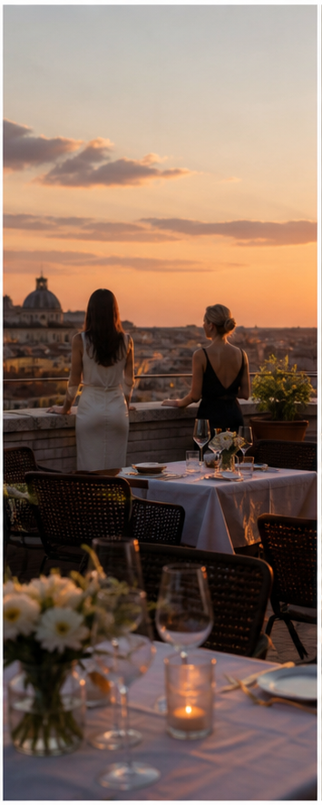 Friends sharing a golden-hour rooftop dinner