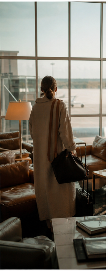 A traveler waiting in a contemporary airport lounge