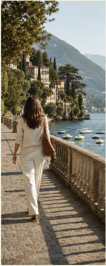 A woman strolling along a Lake Como promenade