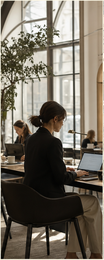 A woman working from a bright city cafe