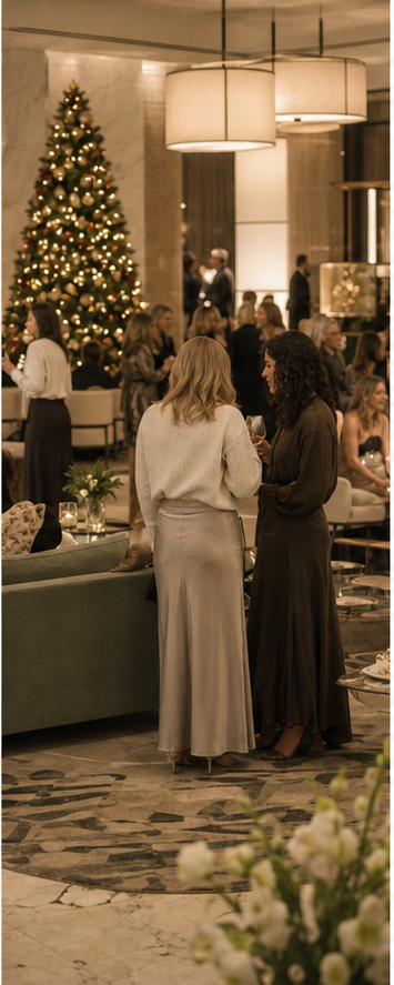 A festive evening gathering in a modern hotel lounge