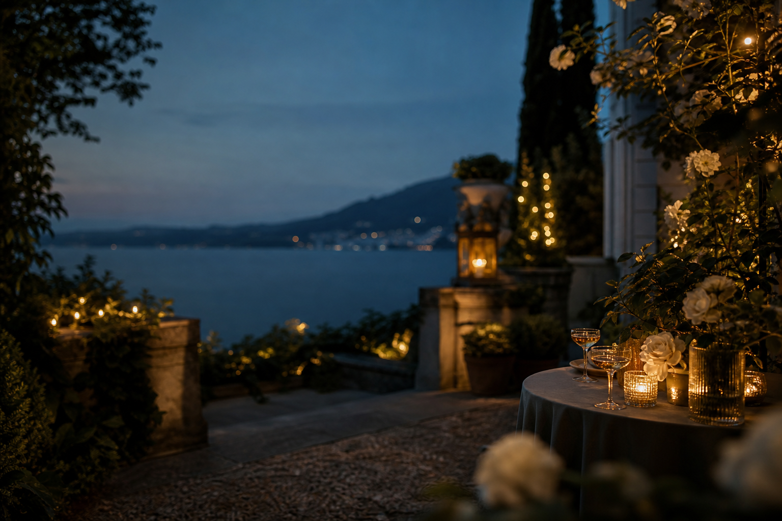 Lake Como shoreline and illuminated waterfront at blue hour