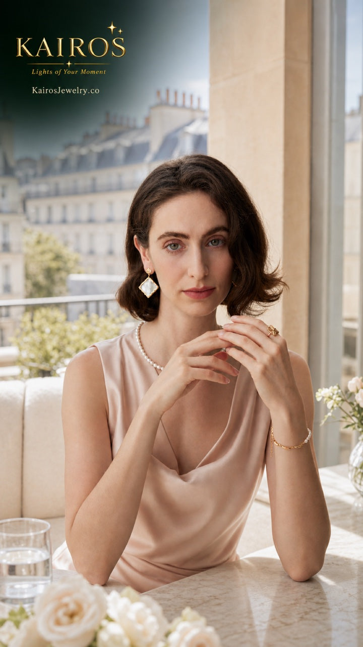 Woman wearing Kairos jewelry in summer daylight