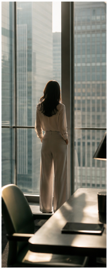 A confident professional looking out over the city before a meeting